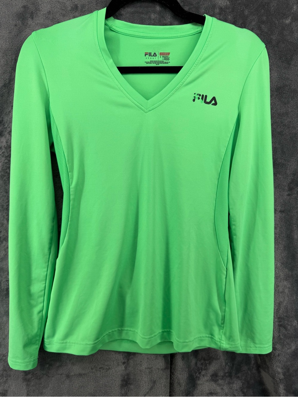 FILA Sport Long Sleeve V Neck Breathable Bright Green Running Shirt Size Small